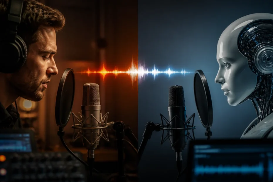 Voz humana profissional versus voz artificial em anúncios